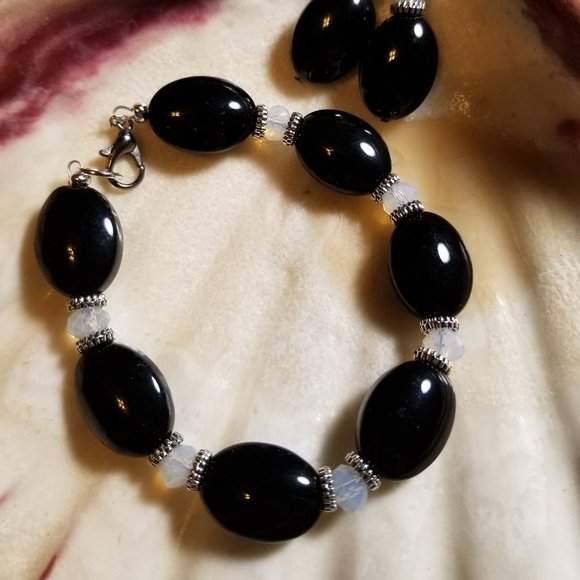 3pc Oval Black Agate Necklace, Bracelet & Earrings - Picture 4 of 5